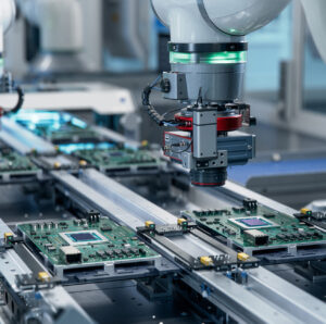 Automated robotic assembly of electronic circuit boards in a high-precision manufacturing line.